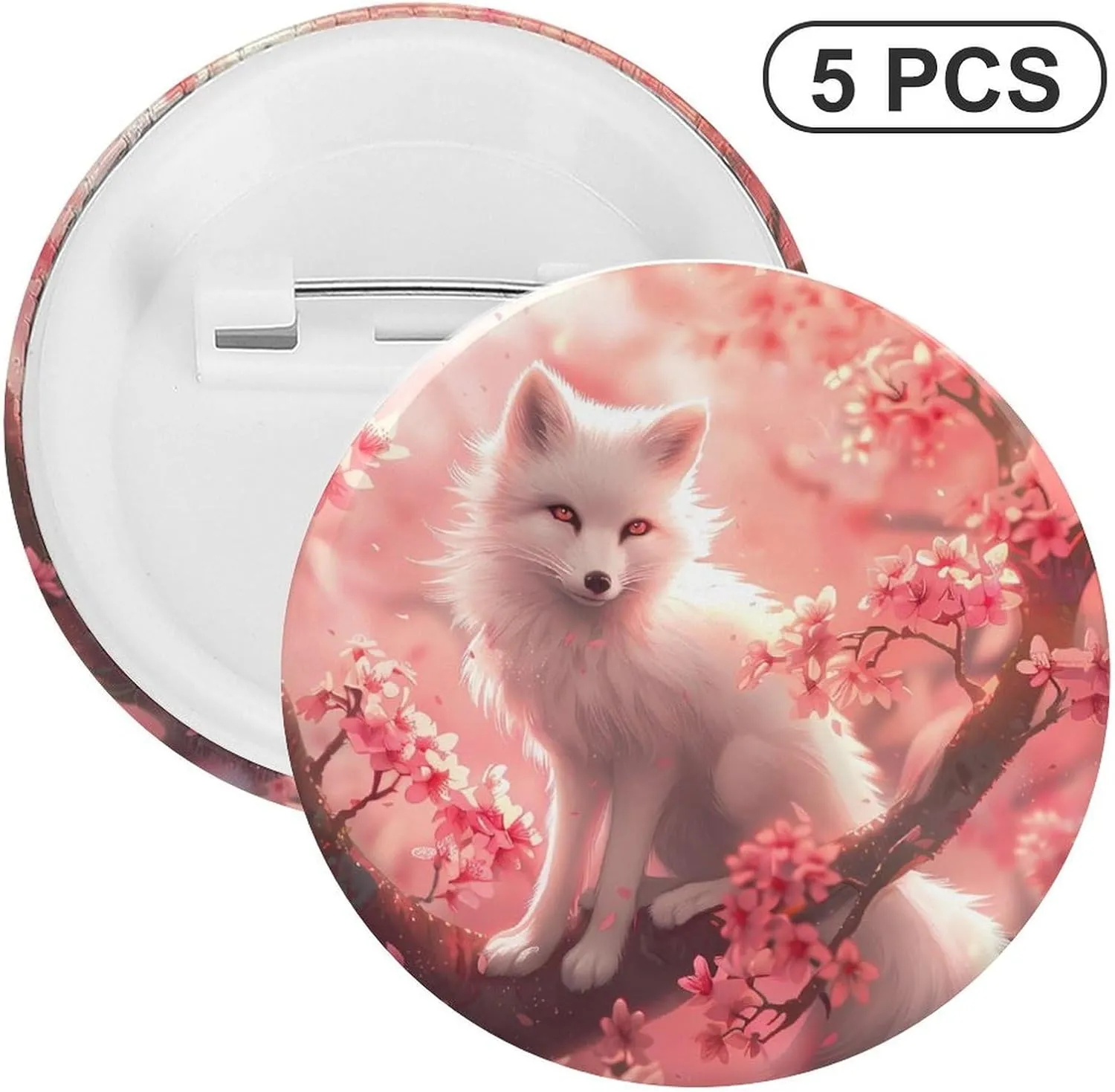 Animal White Fox On Cherry Flowers Brooch Pins Personalized Tinplate Badges Round Lapel Pin for Party Decorations