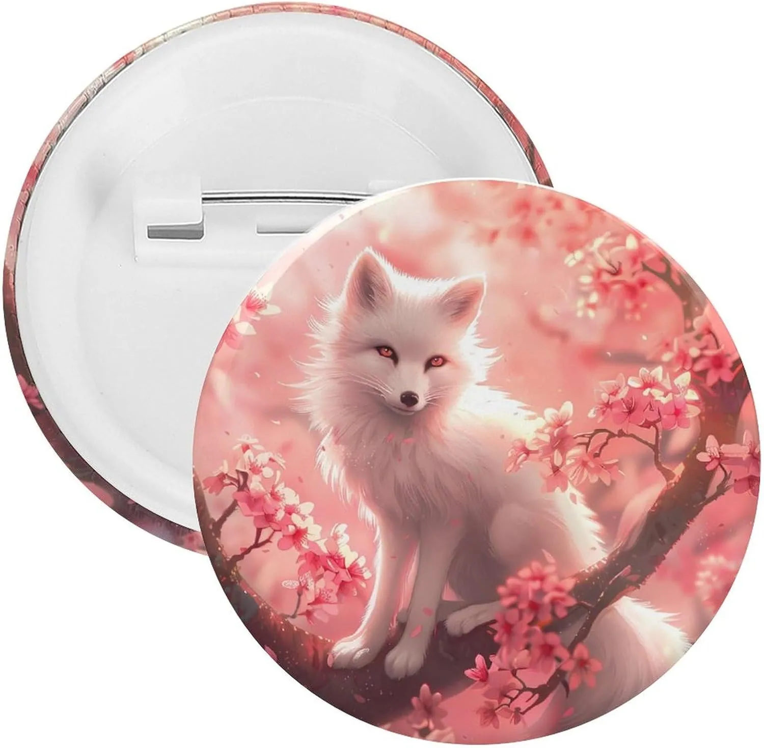 Animal White Fox On Cherry Flowers Brooch Pins Personalized Tinplate Badges Round Lapel Pin for Party Decorations