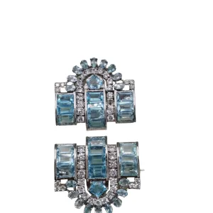 Art Deco 925 sterling silver 'Queen Elizabeth ii aquamarine double clip American Diamond brooches birthday/anniversary/wedding/gift