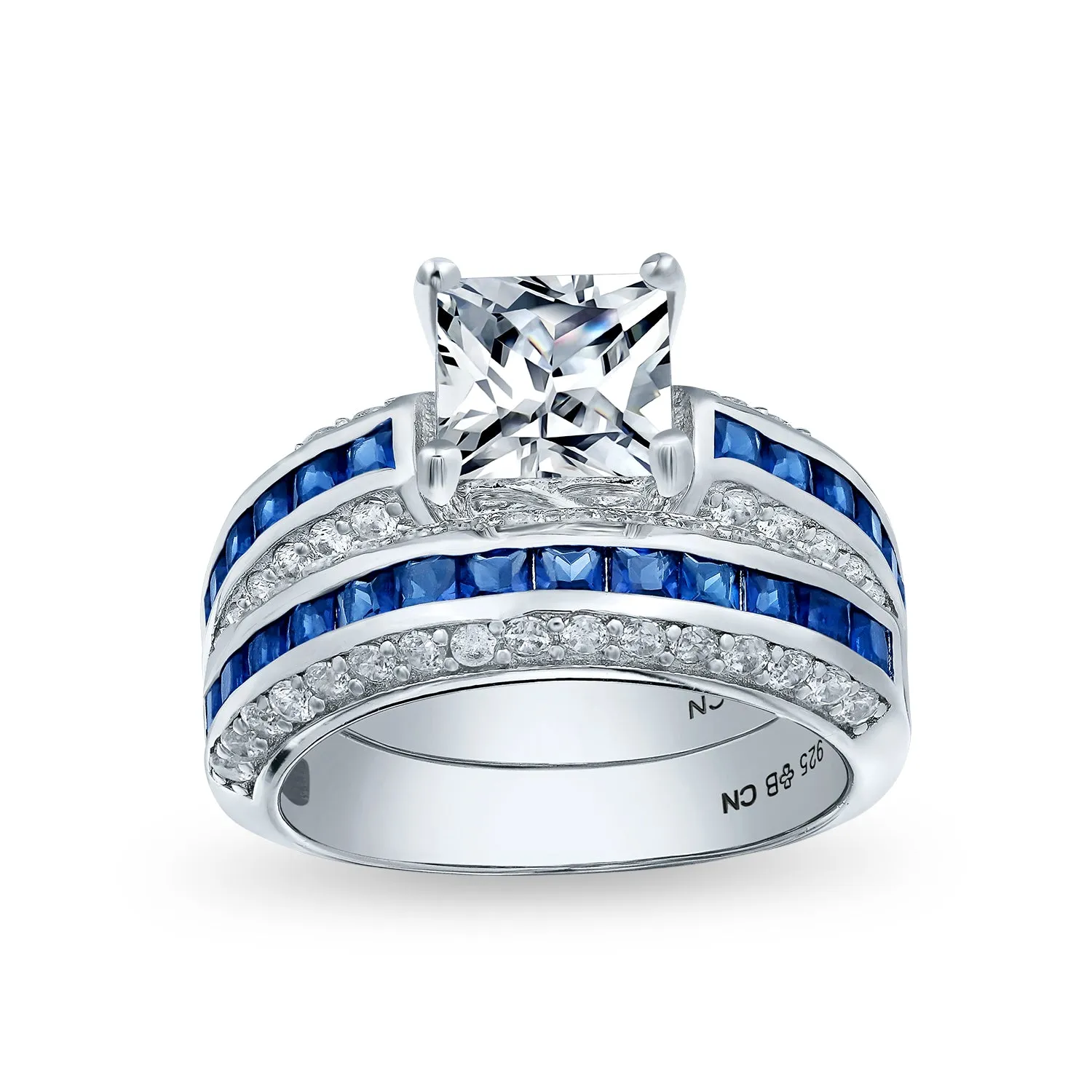 Art Deco Blue Princess Cut Cocktail Statement Ring Rose Gold Sterling Silver