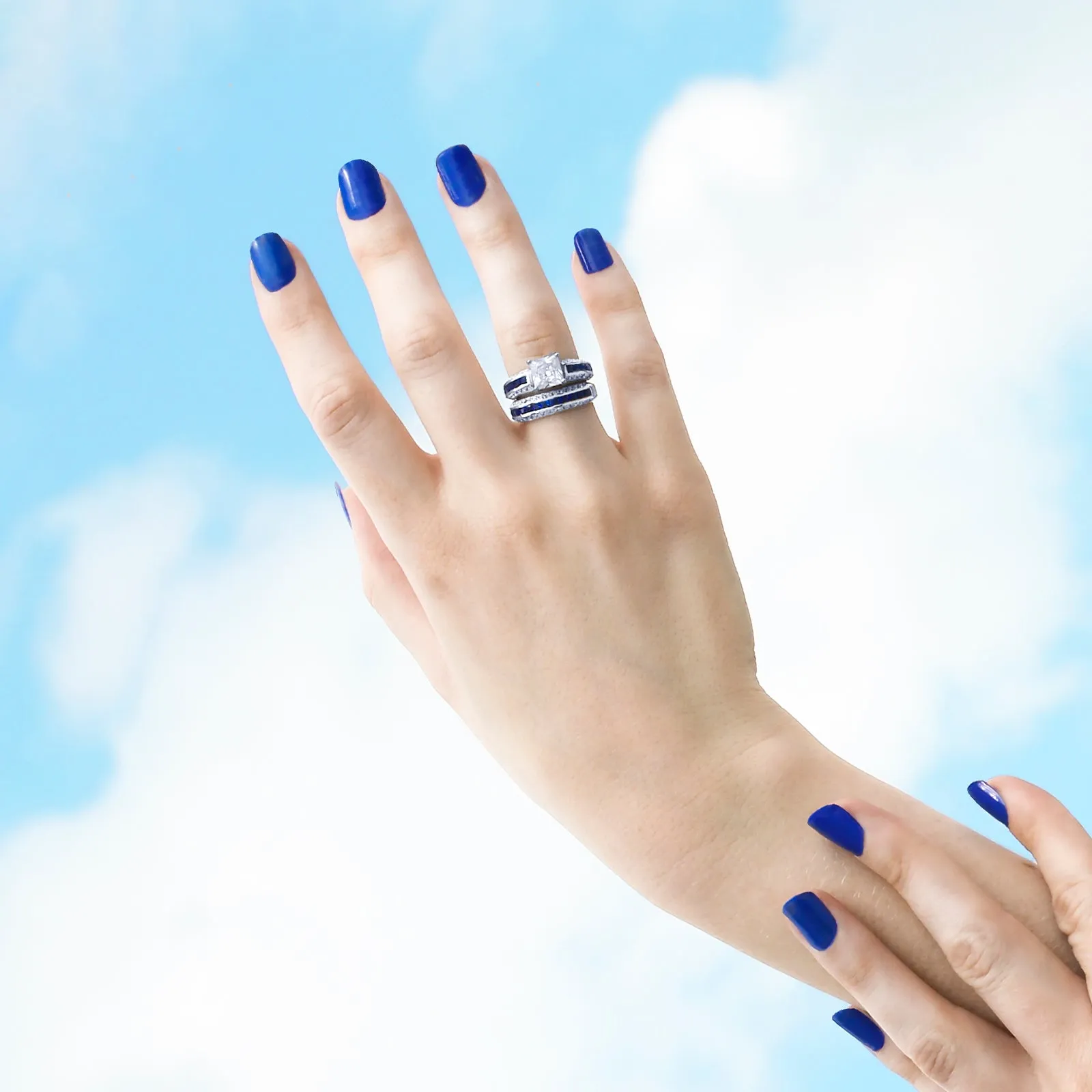 Art Deco Blue Princess Cut Cocktail Statement Ring Rose Gold Sterling Silver