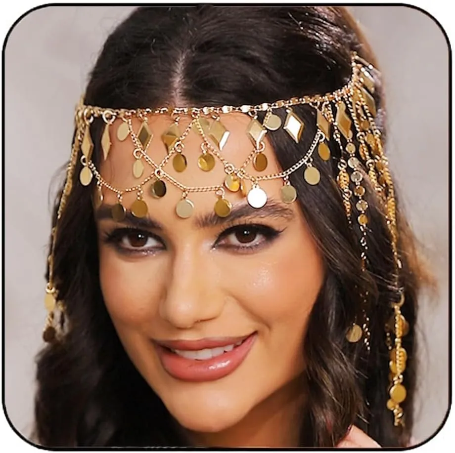 Aukmla Gold Head Chain Sequin Tassel Headband Hair Chains Festival Costume Headpiece Hair Accessories for Women