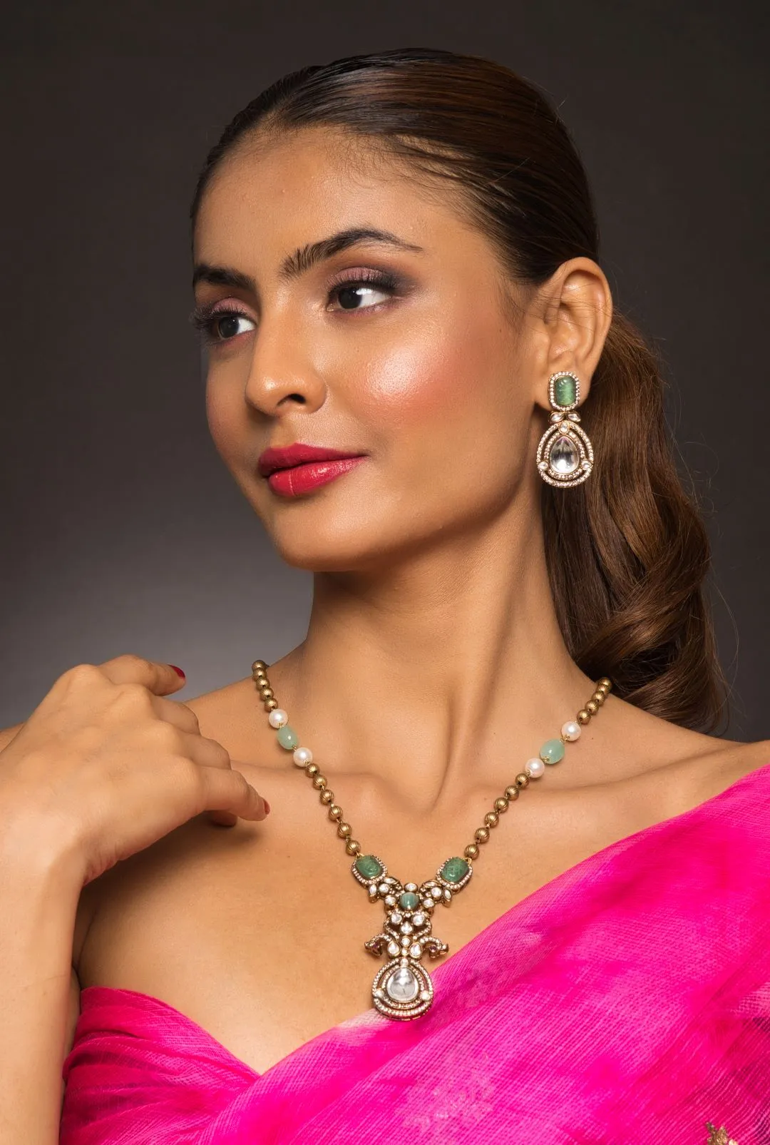 Ayra Mint Green Victorian Necklace Set with Earrings