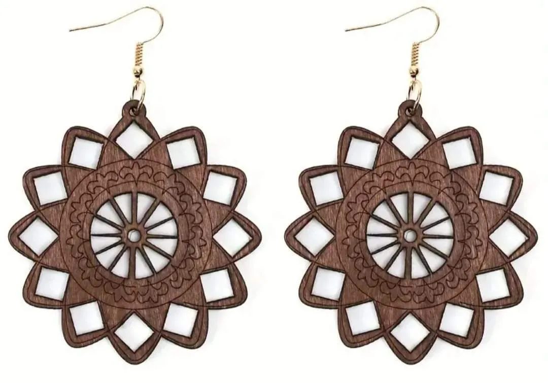 Beautiful Large Bohemian Brown Wood Carved Earrings