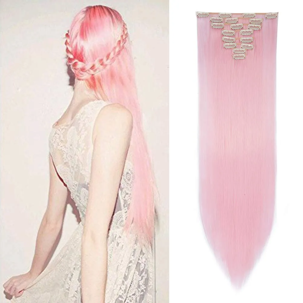 Benehair Clip in Hair Extensions 8PCS 26inch Long Straight Synthetic Hairpieces Light Pink Hair Extensions Double Weft Hairpieces for Women Full Head Cosplay Party Wedding Hairpiece