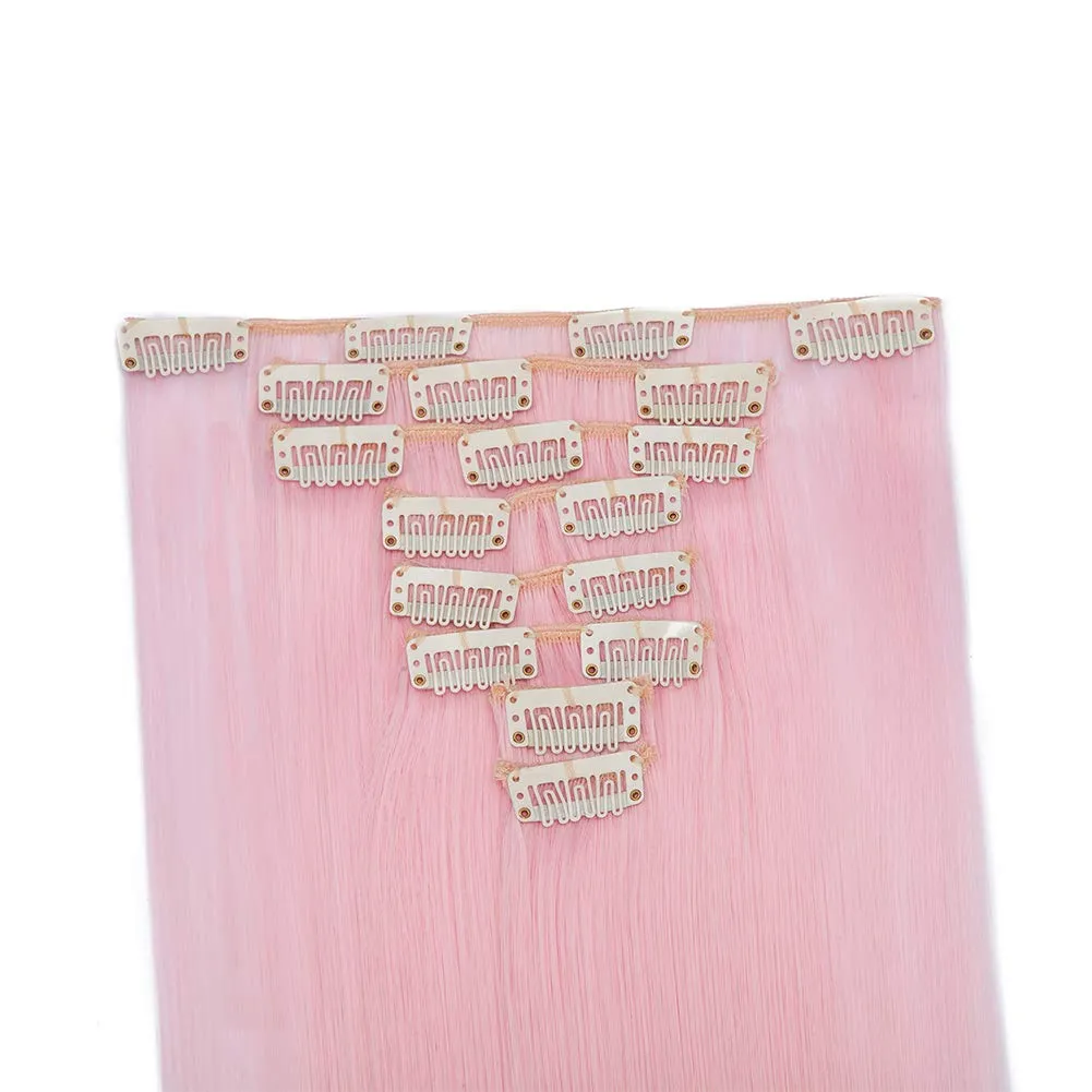 Benehair Clip in Hair Extensions 8PCS 26inch Long Straight Synthetic Hairpieces Light Pink Hair Extensions Double Weft Hairpieces for Women Full Head Cosplay Party Wedding Hairpiece