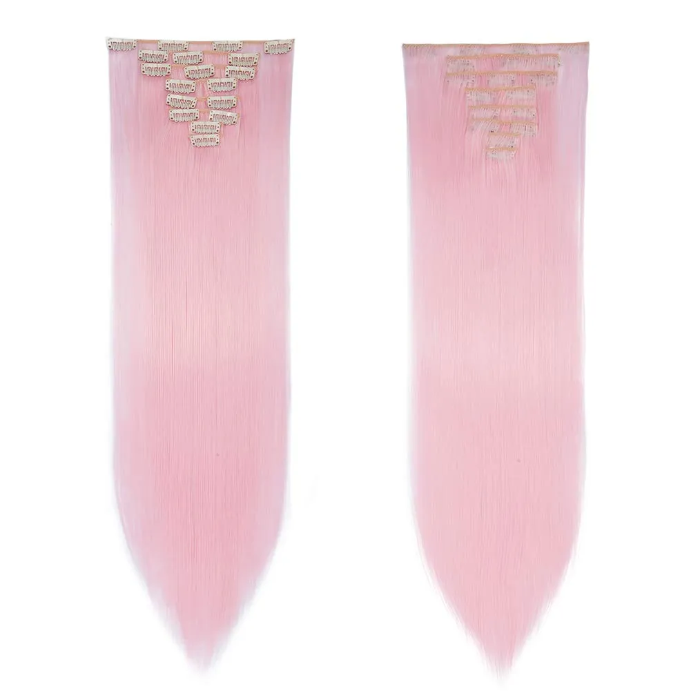Benehair Clip in Hair Extensions 8PCS 26inch Long Straight Synthetic Hairpieces Light Pink Hair Extensions Double Weft Hairpieces for Women Full Head Cosplay Party Wedding Hairpiece