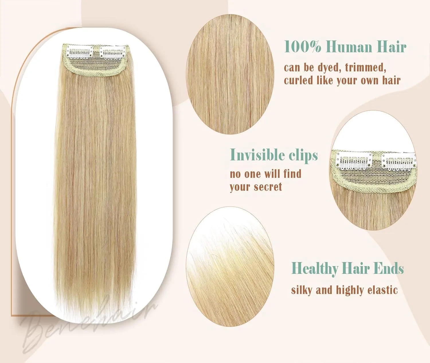Benehair Clip-In Hair Extensions for Short & Thinning Hair - Double Weft, 100% Human Hair, 2 Clips, Adds Volume & Length, 6inch Straight, Natural Blonde