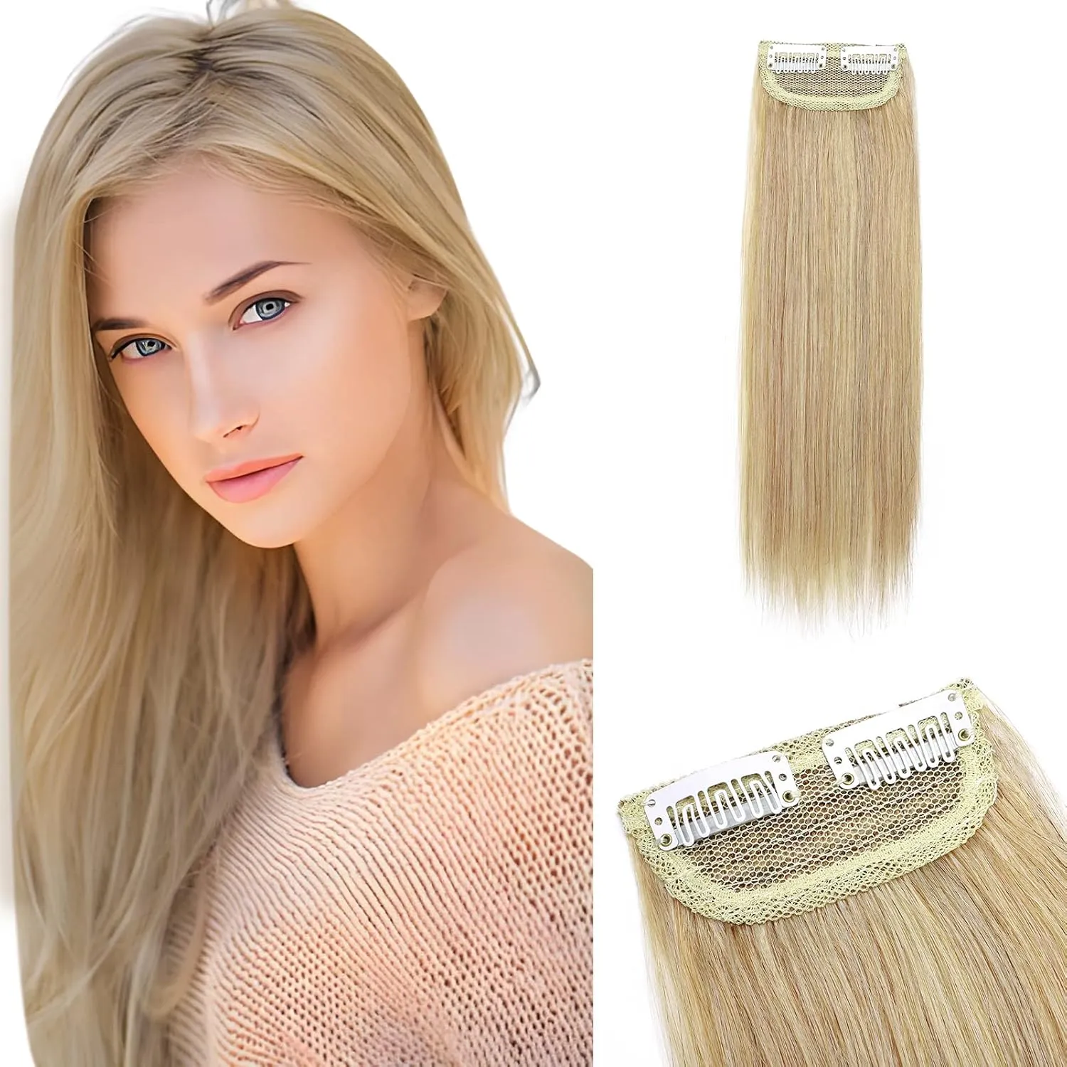 Benehair Clip-In Hair Extensions for Short & Thinning Hair - Double Weft, 100% Human Hair, 2 Clips, Adds Volume & Length, 6inch Straight, Natural Blonde