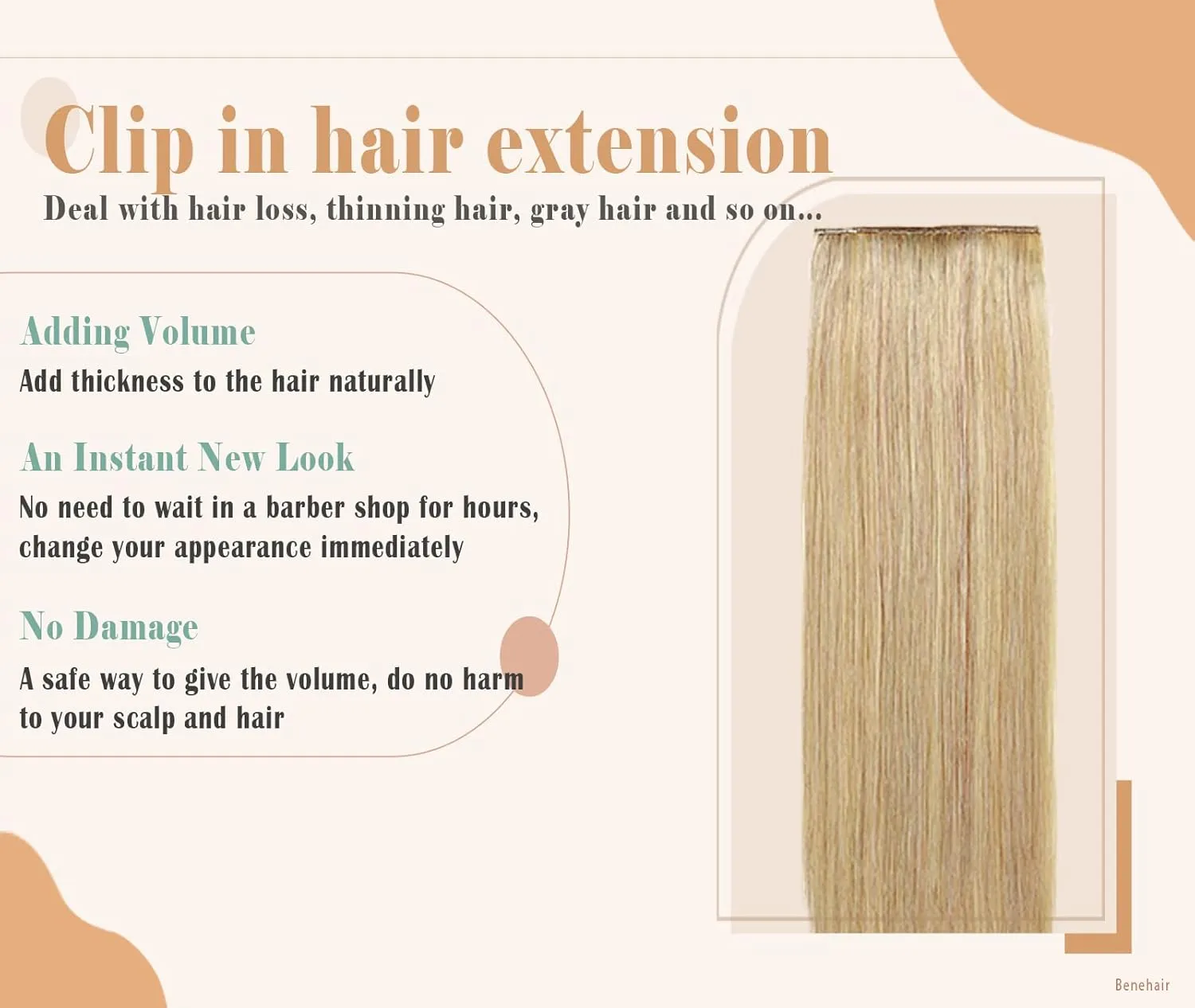 Benehair Clip-In Hair Extensions for Short & Thinning Hair - Double Weft, 100% Human Hair, 2 Clips, Adds Volume & Length, 6inch Straight, Natural Blonde