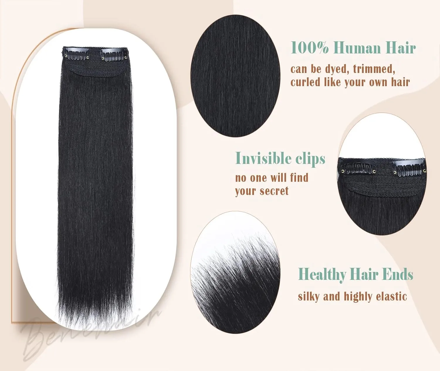 Benehair Short Clip in Hair Extensions - Real Human Hair 1PCS Hairpieces for Women With Thinning Hair - 6 Inch Straight Soft #01 Jet Black for Daily Use