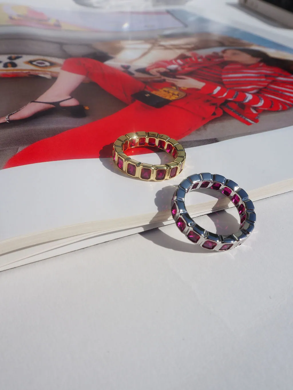 Bezel Emerald Ballier Ring- Ruby Red- Silver