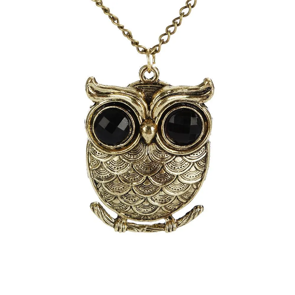Big Eye Owl Vintage Retro Long Chain Pendant Necklace