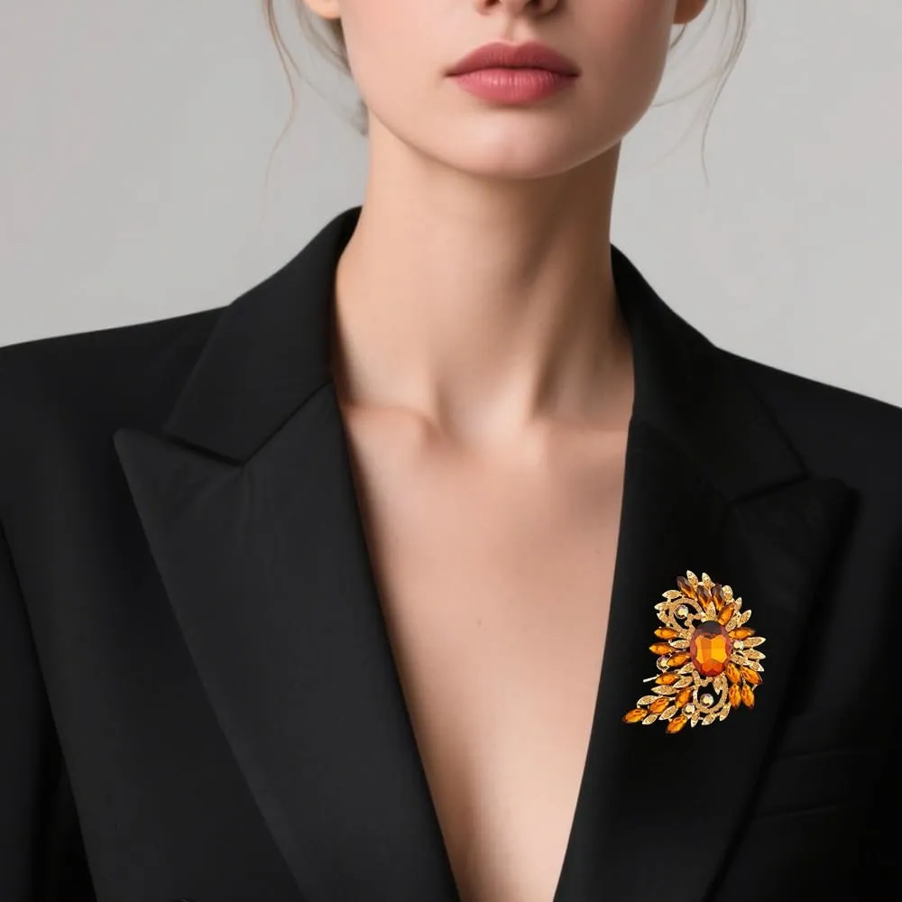 Big Large Leaf rhinestone crescent moon Moon shape Brooches and Pins Scarf Decoration Gold Tone