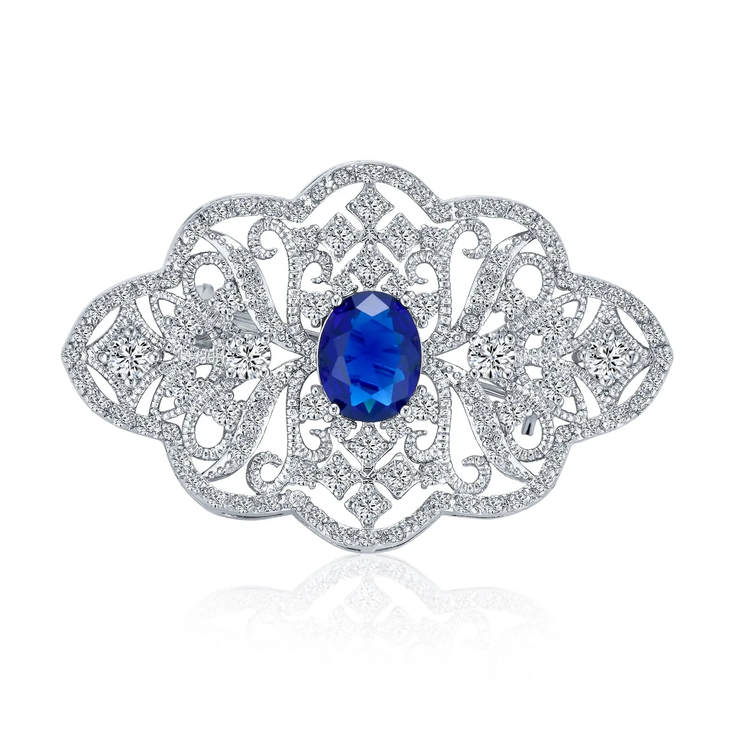 Big Vintage Estate Jewelry Royal Blue Sapphire Brooche Pin Art Deco Style Silver Plated