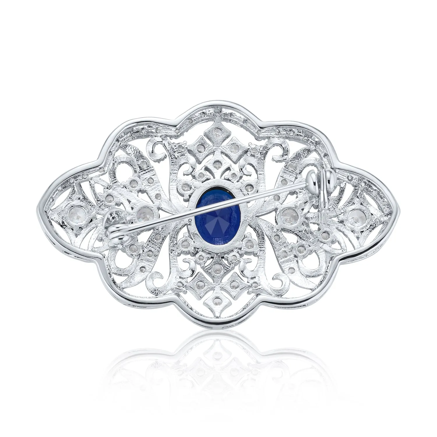 Big Vintage Estate Jewelry Royal Blue Sapphire Brooche Pin Art Deco Style Silver Plated
