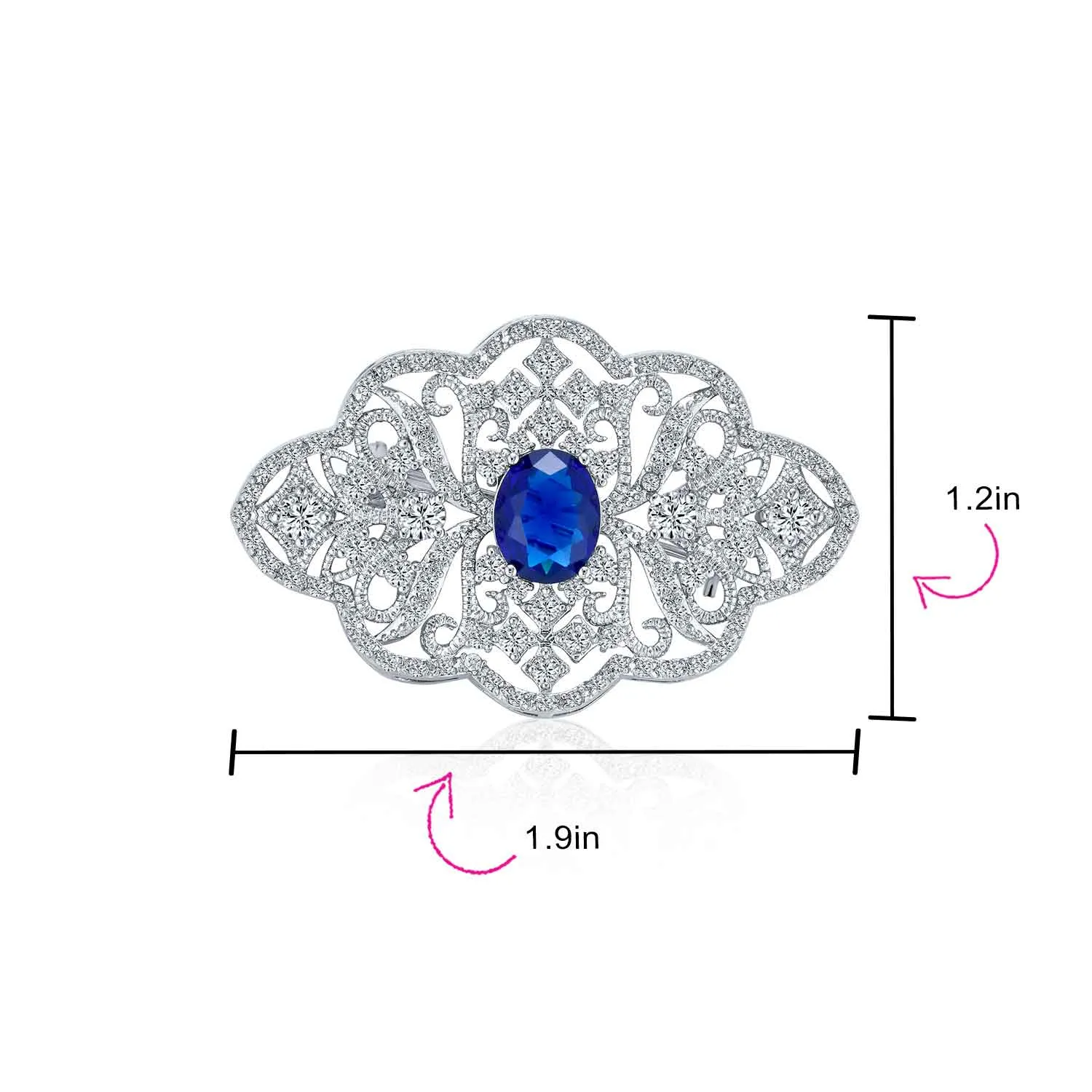Big Vintage Estate Jewelry Royal Blue Sapphire Brooche Pin Art Deco Style Silver Plated