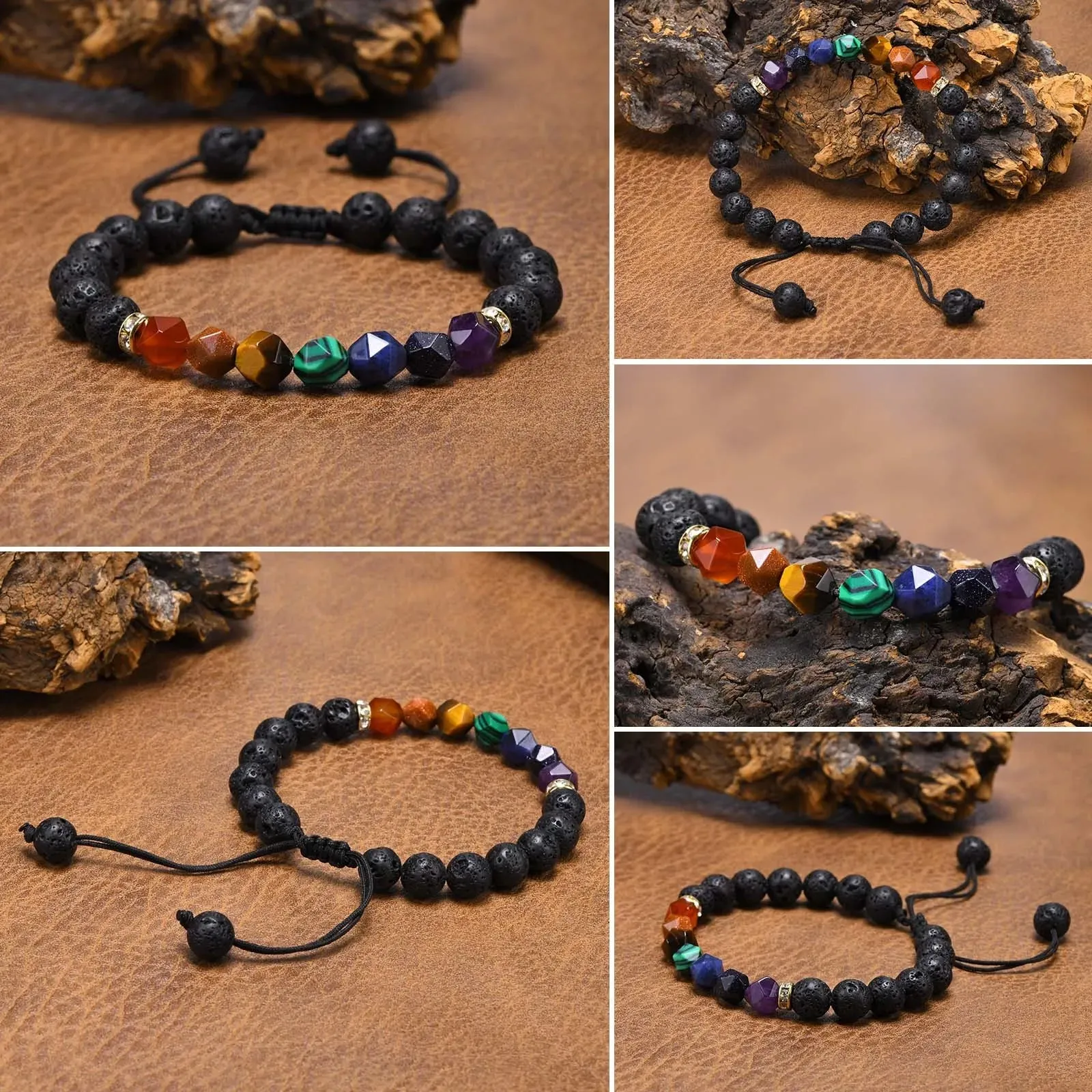Black Natural Stone Bracelets for Men Boy Gifts, Lava Rock Beaded Wristband