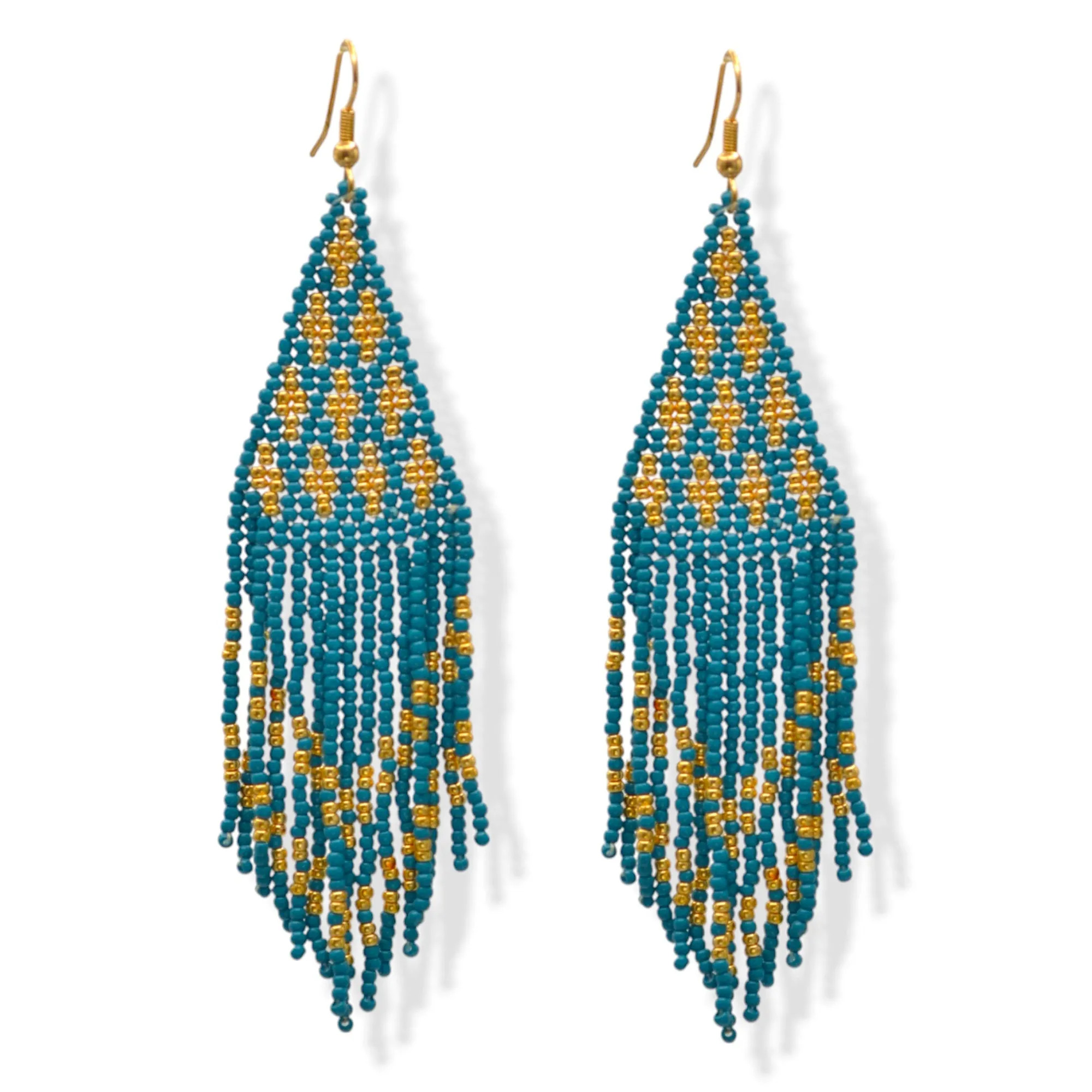 Blue and Gold Triangle Bohemian Seed Bead Long Tassel Earrings #ER-1190