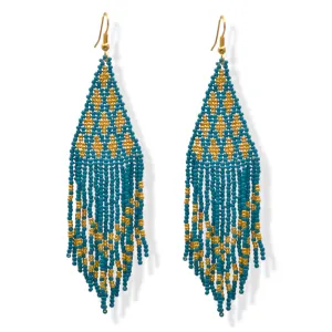 Blue and Gold Triangle Bohemian Seed Bead Long Tassel Earrings #ER-1190