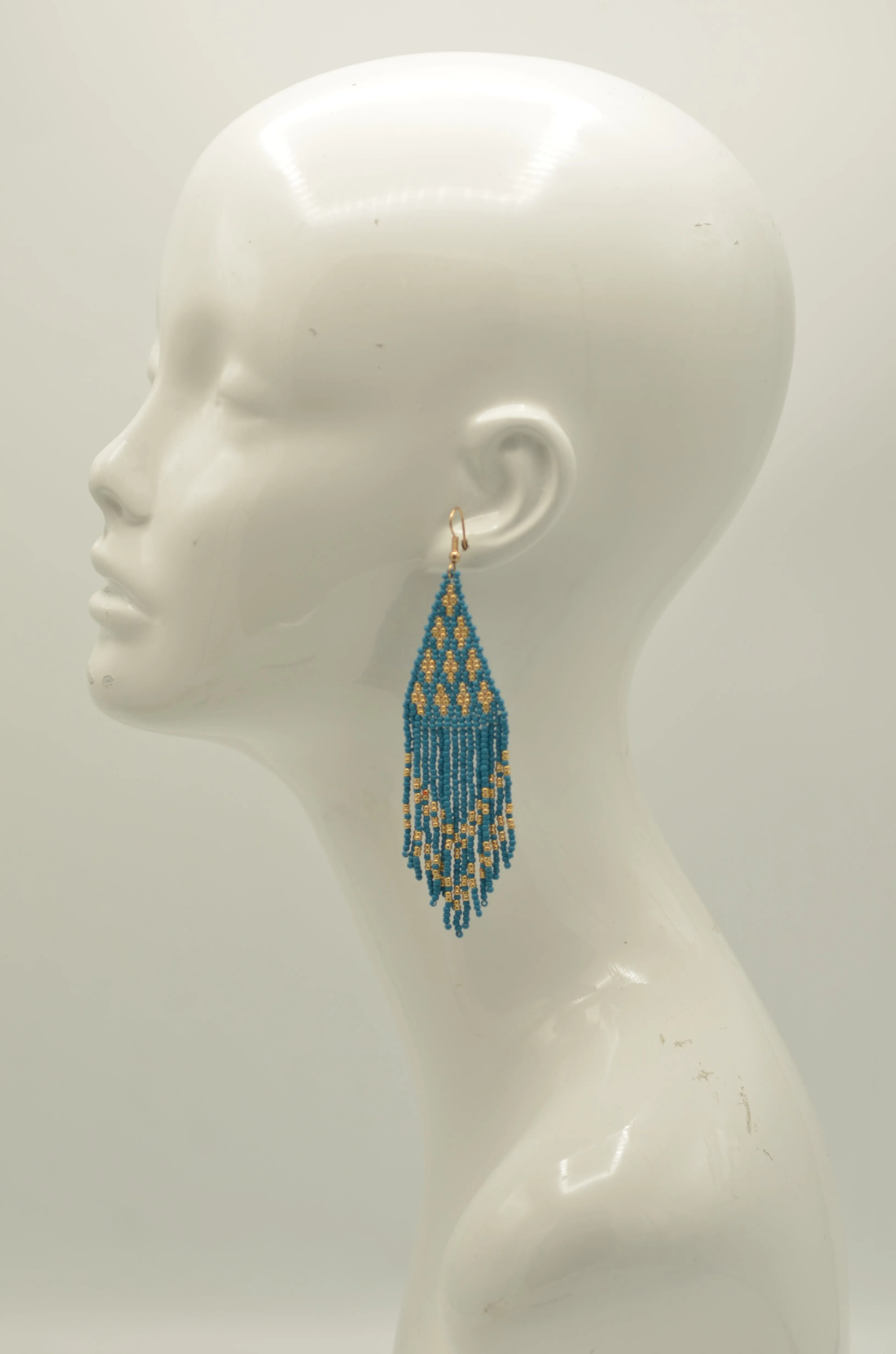 Blue and Gold Triangle Bohemian Seed Bead Long Tassel Earrings #ER-1190