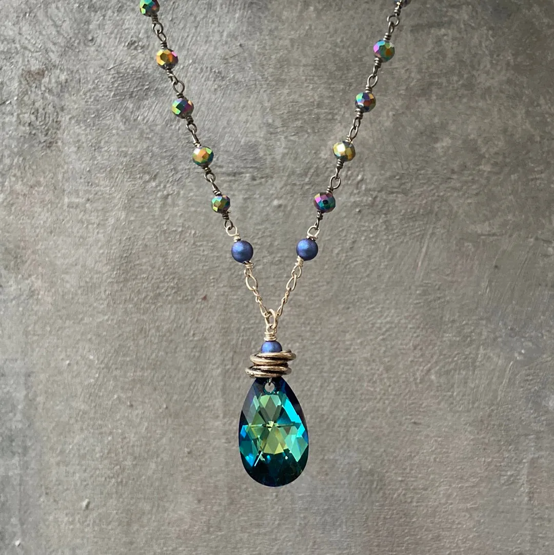 Blue Crystal Teardrop, Rainbow Pyrite Long Sterling Silver Necklace