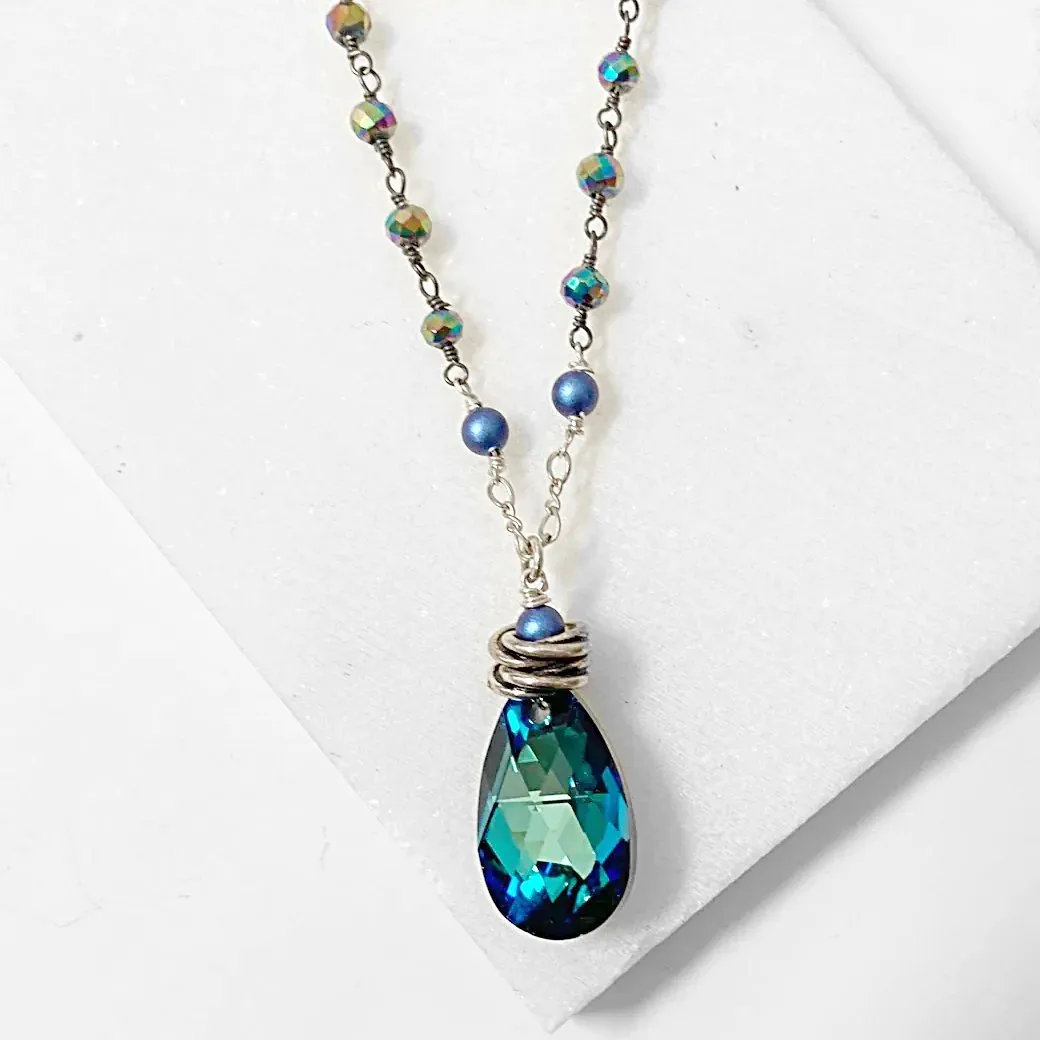 Blue Crystal Teardrop, Rainbow Pyrite Long Sterling Silver Necklace