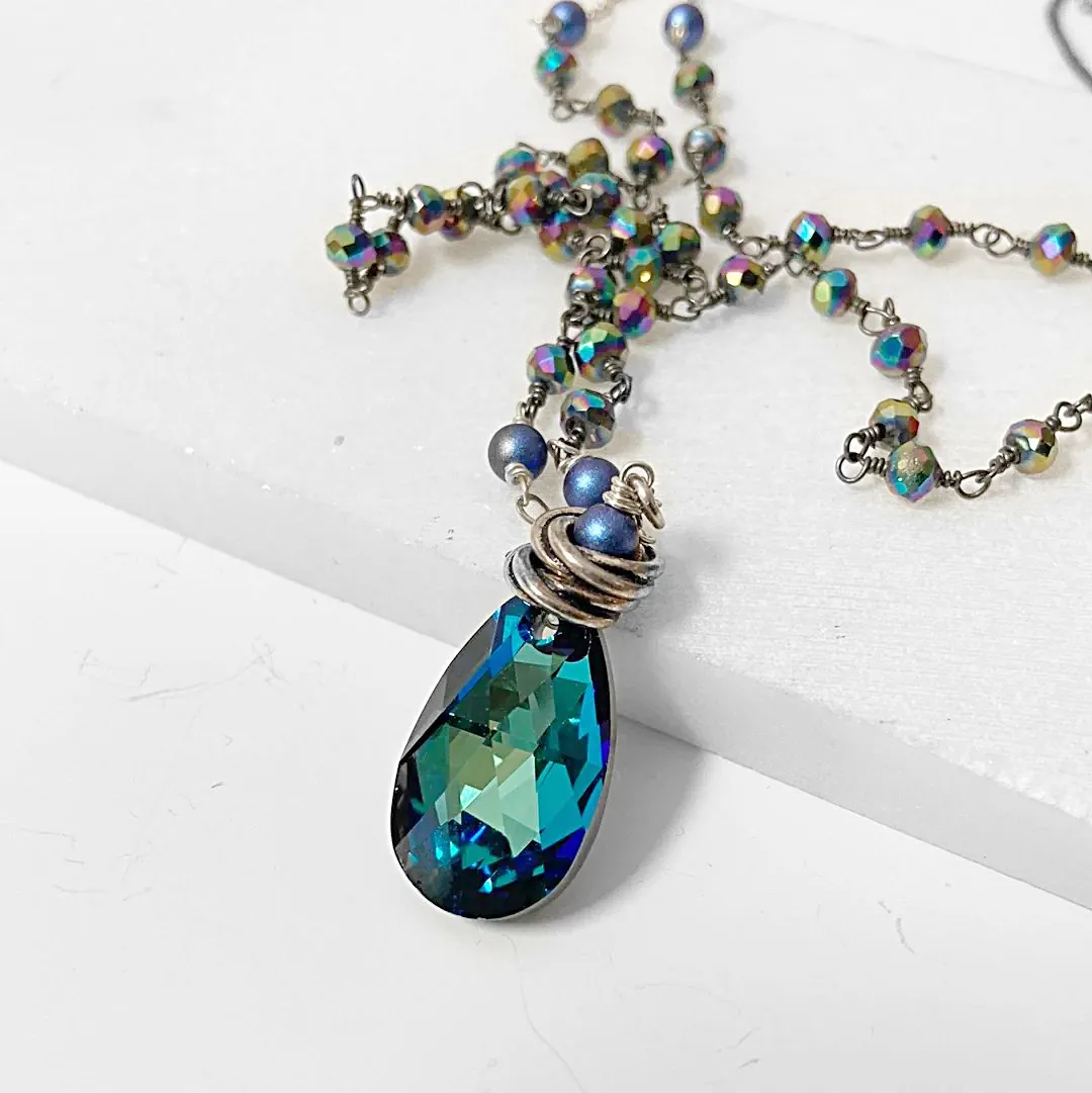 Blue Crystal Teardrop, Rainbow Pyrite Long Sterling Silver Necklace