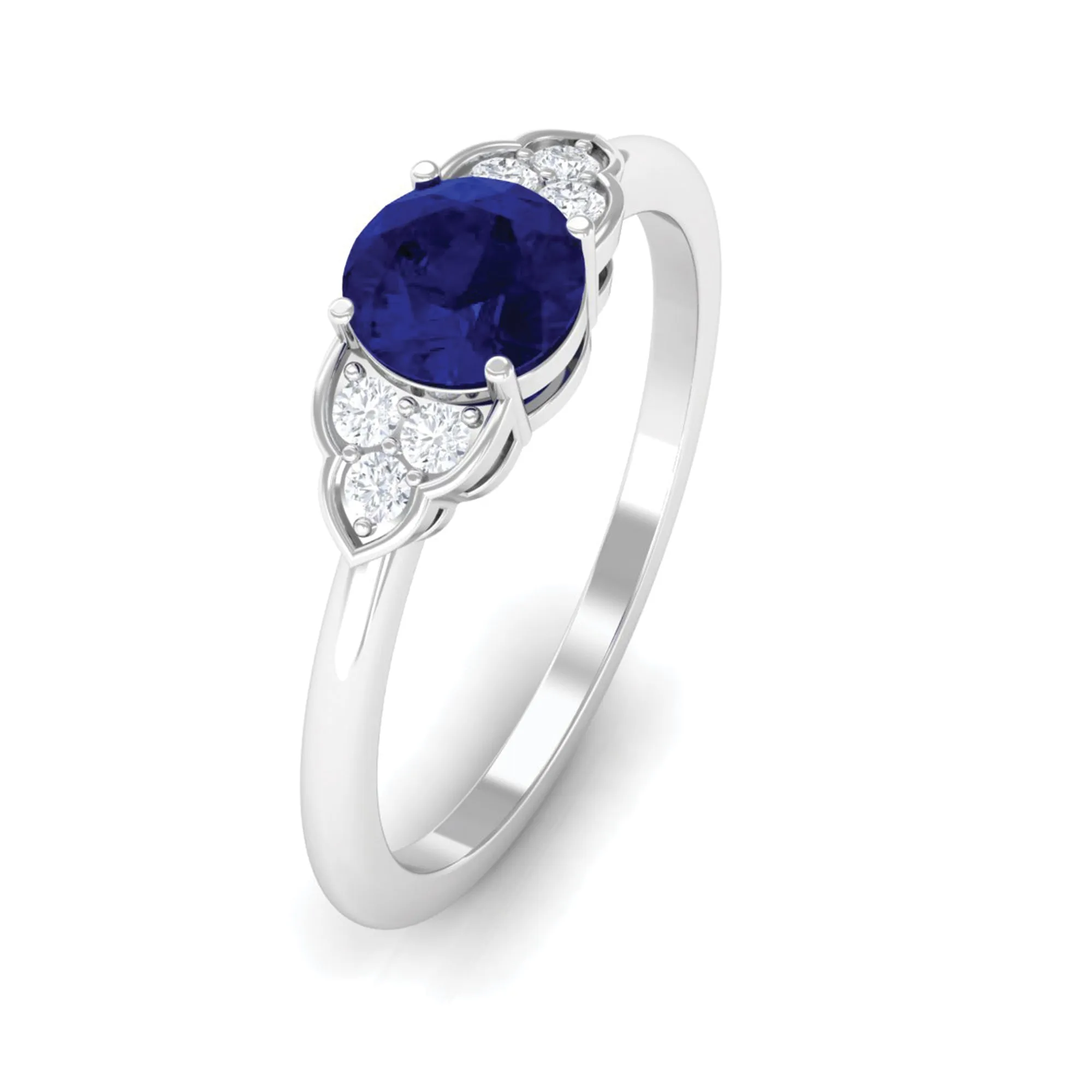 Blue Sapphire Engagement Ring with Diamond Trio