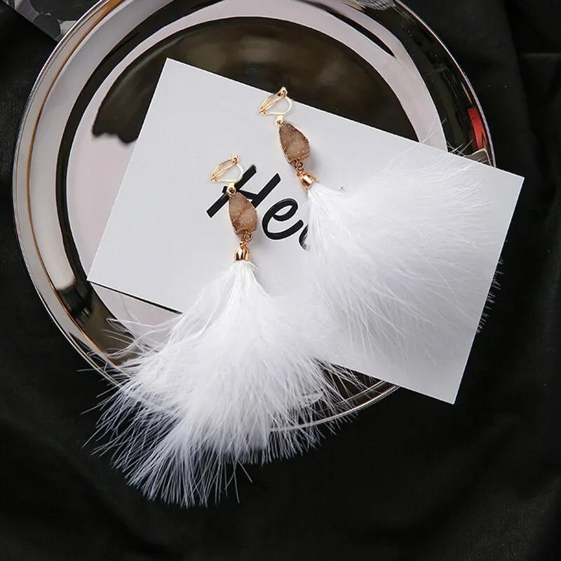 Bohemian Genuine Feather Clip on Earrings