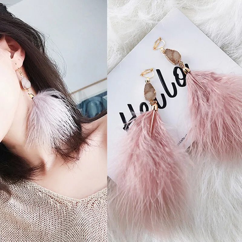Bohemian Genuine Feather Clip on Earrings