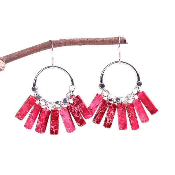Bohemian Natural Jasper Stone Sterling Silver Hoop Earrings
