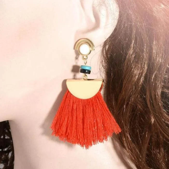 Bohemian Red Tassel Teal and Black Beads Boho Dangle Earrings