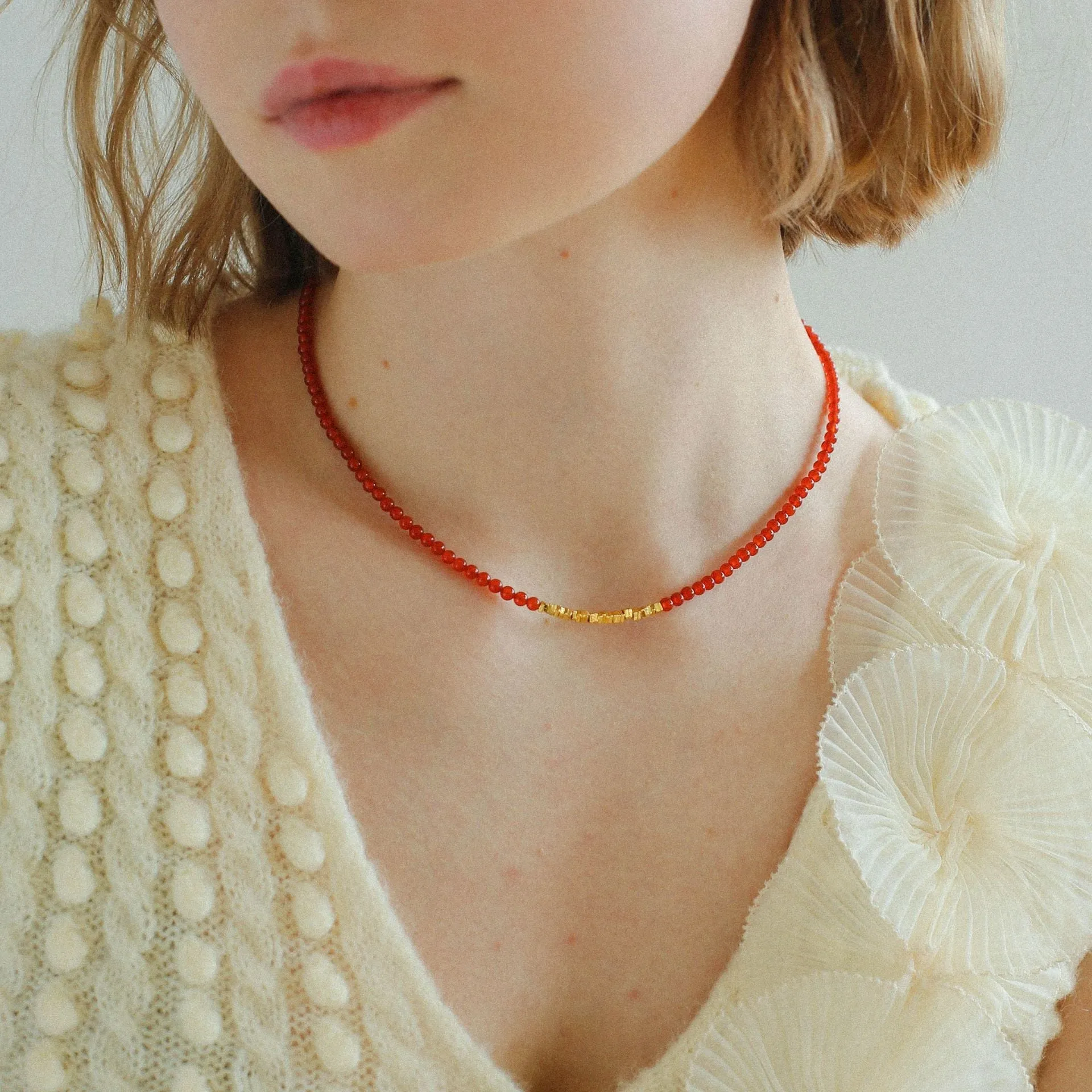 Broken Gold Red  Agate Beaded Necklace