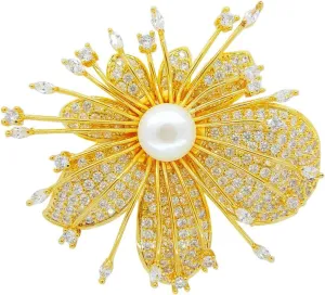Brooch for Men Ladies Flower Orchid Petal Gold Plated Shiny Diamond Pearl Chest Brooches for Dress