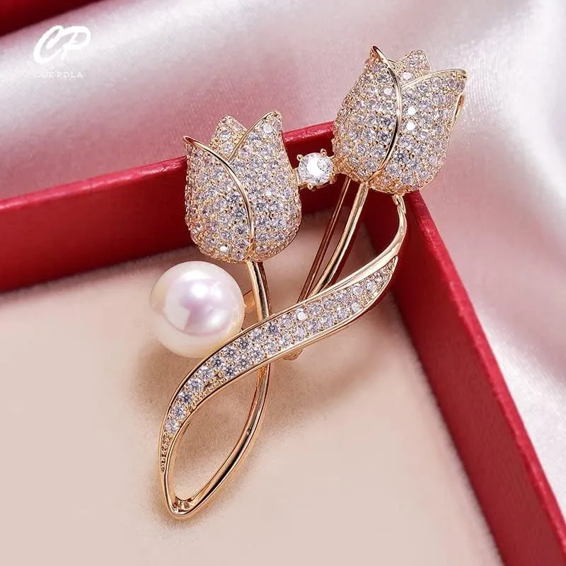 Brooch Pin for Women Brooch Rhinestone Tulip Flower Brooch Anti-Glare Suit Brooch Collar Pin Jewelry Christmas Brooches (Color : Gold)