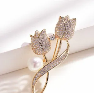 Brooch Pin for Women Brooch Rhinestone Tulip Flower Brooch Anti-Glare Suit Brooch Collar Pin Jewelry Christmas Brooches (Color : Gold)