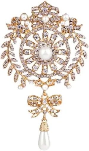 Brooches Large Crystal Rhinestones Bow And Pearl Drop Brooch Pins For Women In Gold/Silver Color Women