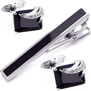 BXLE Black Cufflinks and Tie Clip Set for Men, Opal Gem Stone Cuff Links Cufflink Necktie Bar Clips Stickpin for Wedding Party Groomsmen, Luxury Business Formal Shirt Studs Button Clasp for Father