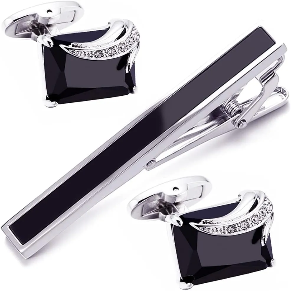 BXLE Black Cufflinks and Tie Clip Set for Men, Opal Gem Stone Cuff Links Cufflink Necktie Bar Clips Stickpin for Wedding Party Groomsmen, Luxury Business Formal Shirt Studs Button Clasp for Father