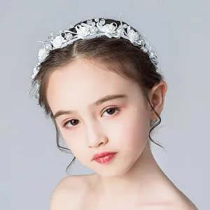 Campsis Communion Princess Flower Headpiece White Crystal Pearl Headband Floarl Bridal Wedding Hair Accessories Porm for Girls