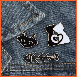 Cartoon Cat Fish Bone Brooch |  Women Men Lapel Pin Badge Couple Jewellery