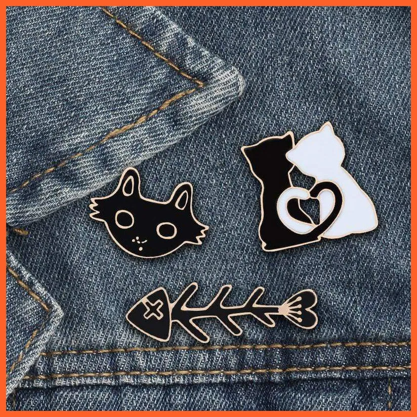Cartoon Cat Fish Bone Brooch |  Women Men Lapel Pin Badge Couple Jewellery