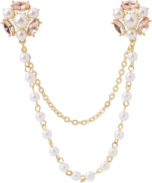 Champagne Tone Crystal Pearl Daisy Flower Brooches Pins with Pearl Chain Tassel Sweater Guard Clip Pin