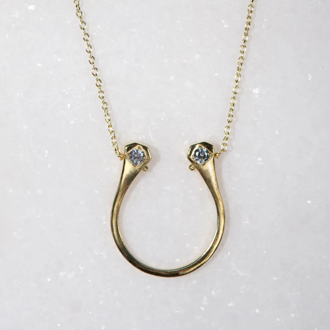 Charmed - Mossanite Stone and 14K Gold on Sterling Silver Horseshoe Pendant Necklace