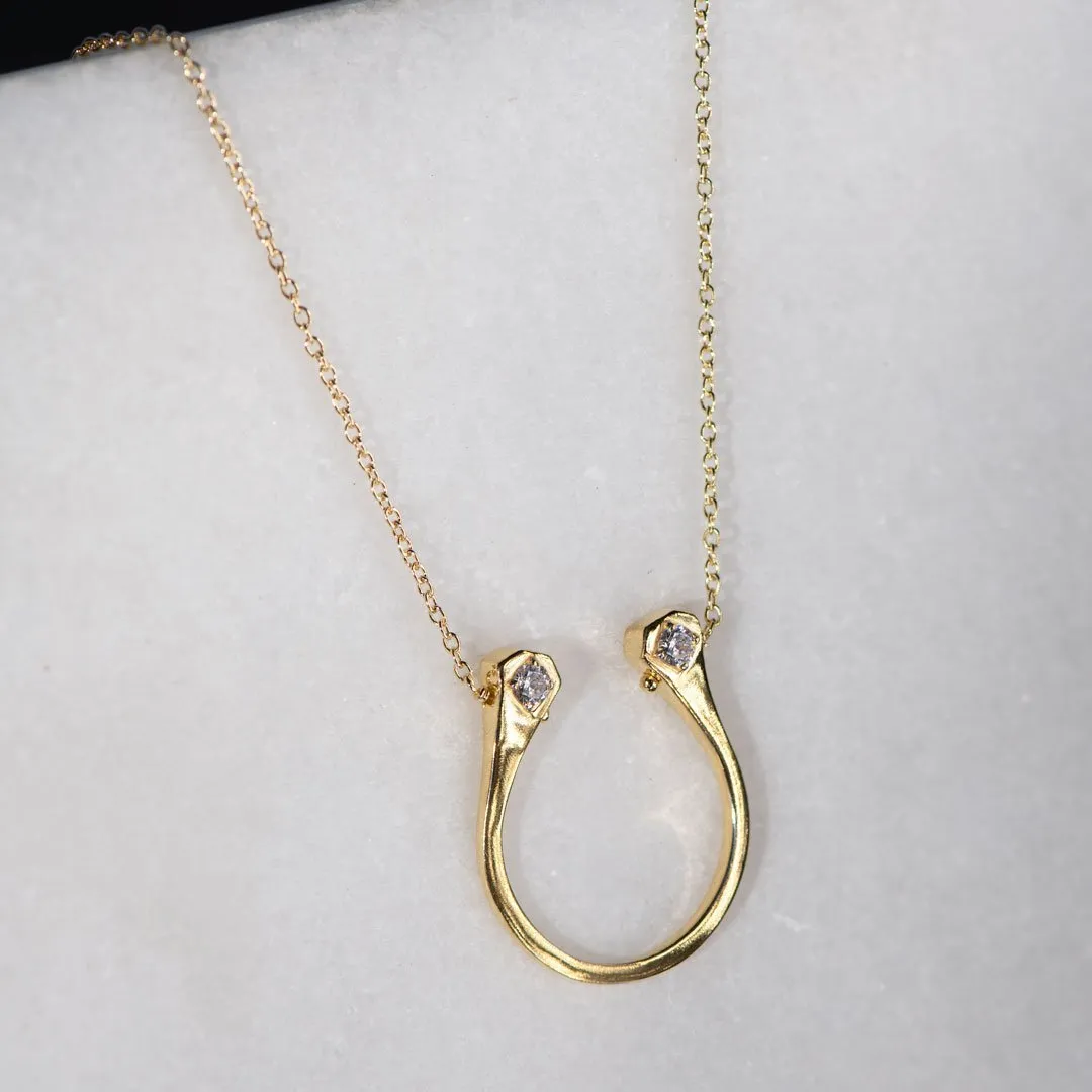 Charmed - Mossanite Stone and 14K Gold on Sterling Silver Horseshoe Pendant Necklace