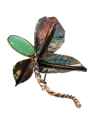 Chrysoprase Gemstone Sterling Silver Brooch Pin with Handforged Leaves