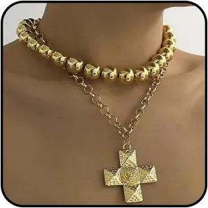 Chunky Cross Pearls Choker Necklaces Set for Women Layered Gold Cross Beaded Pendant Necklace Bold Crucifix Beads Necklaces Jewelry Accessories