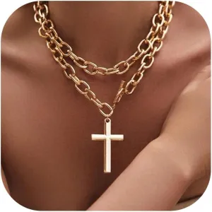 Chunky Gold Necklace Cross Statement Necklace for Women Layered Cross Pendant Necklaces Easter Basket Essentials Christian Gifts for Women