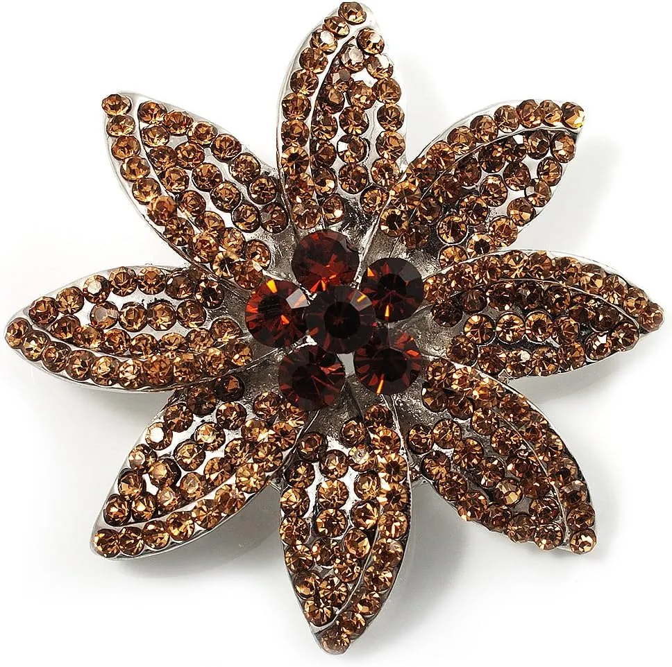 Citrine Diamante Bridal Corsage Brooch (Silver Tone)